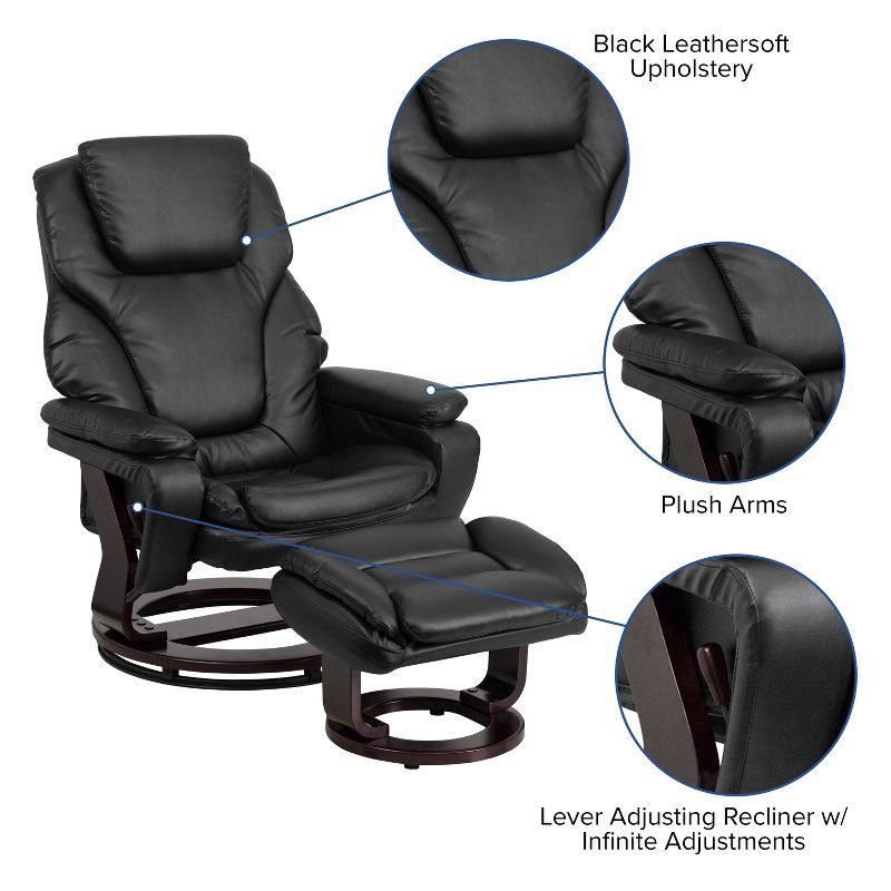 Black Leather Swivel Recliner with Ottoman and Wood Base