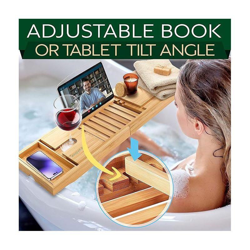 Latitude Run® Luxury Bamboo Bathtub Caddy Tray - Adjustable, Waterproof, With Wine Holder And Phone Slot For Relaxing Baths