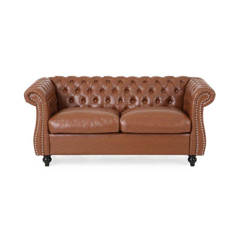 Cognac Brown Faux Leather Chesterfield Loveseat with Nailhead Trim