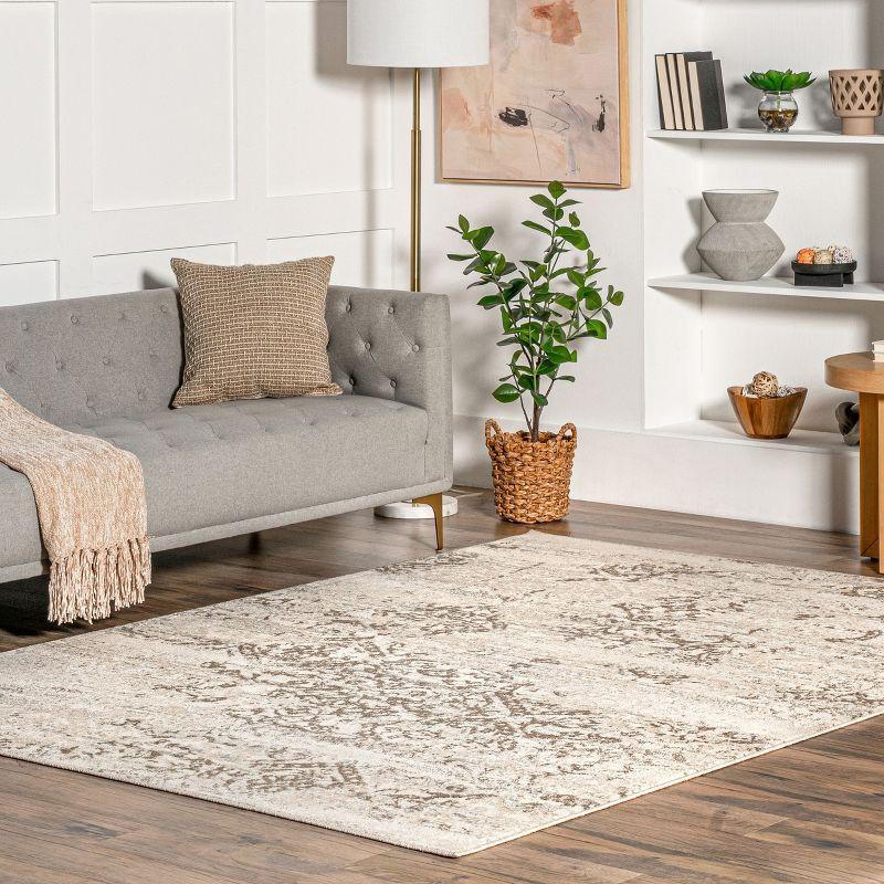 Beige Floral Synthetic Easy Care Area Rug