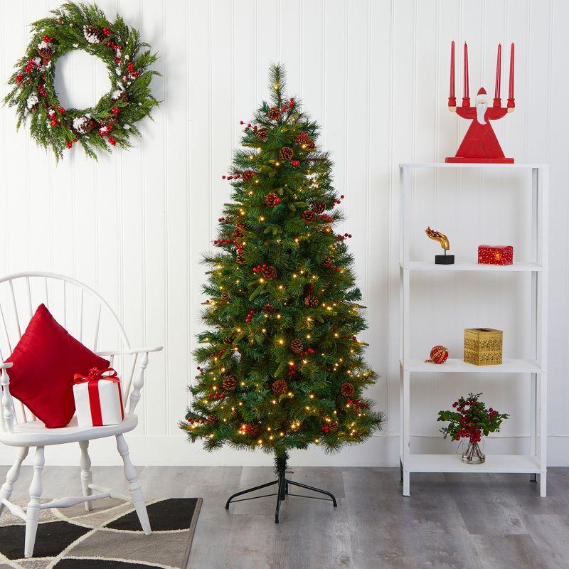 Nearly Natural 6-ft Mixed Pine Artificial Christmas Tree with 250 Clear LED Lights, Pine Cones and Berries