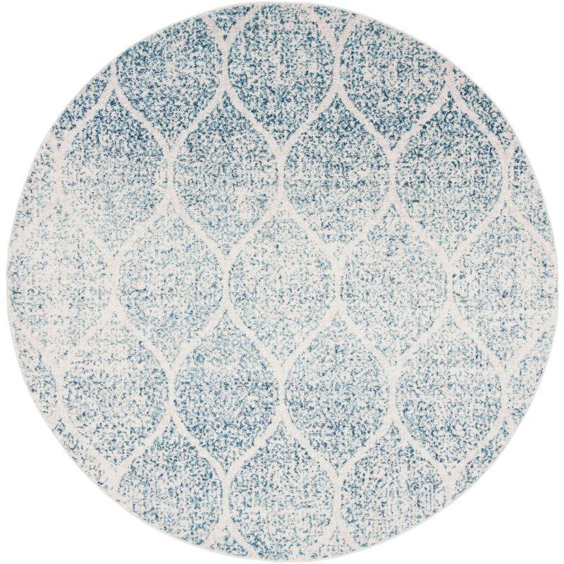 Hand-Knotted Round Cream and Turquoise Synthetic Rug