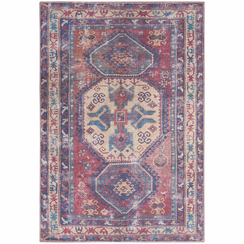 Vintage-Inspired Muted Red Medallion 4' x 6' Washable Rug