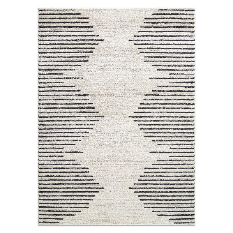 Cream and Black Geometric Stripe Synthetic Area Rug 7'10" x 10'