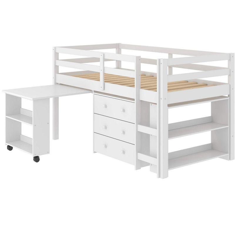 White Twin Pine Loft Bed with Storage and Desk