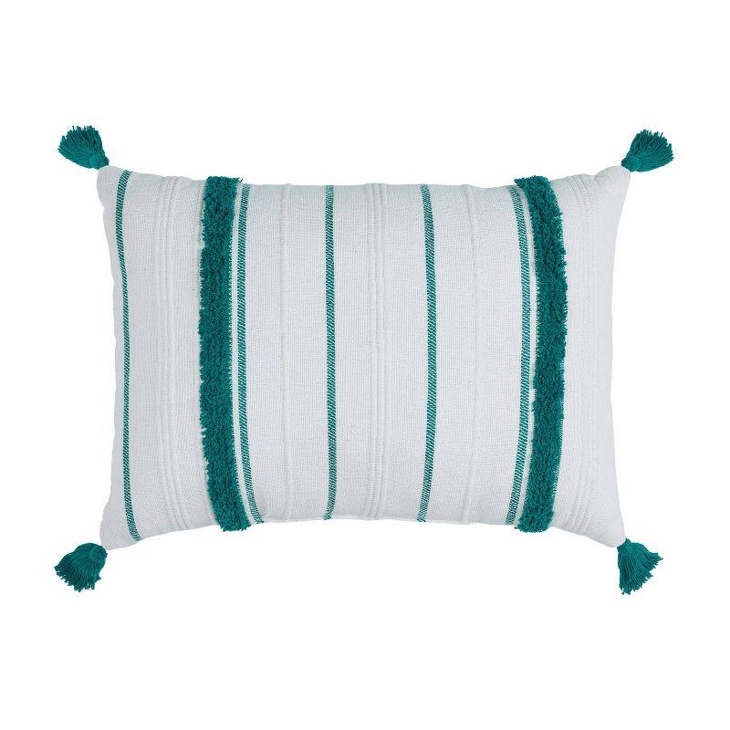 VCNY 14"x20" Oversize Boho Striped Tassel Cotton Lumbar Throw Pillow Teal: Sheltered Outdoor Use, Hidden Zipper