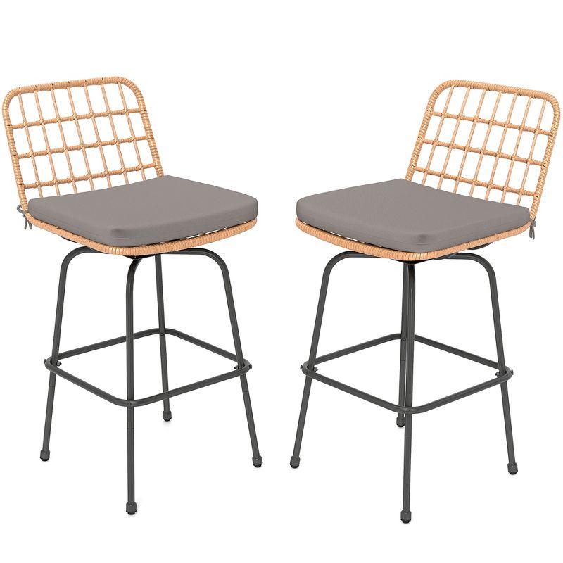 Tangkula 2 PCS Patio Bar Stools 360° Swivel PE Rattan Bar Chairs with Backrests & Footrests Outdoor Armless Barstools with Soft Seat Cushions