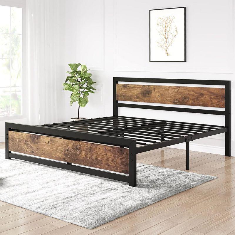 Garvee King Size Bed Frame with Wooden Headboard, 14 inch King Metal Bed Platform No Box Spring Needed with Heavy Duty Steel Slat, Brown