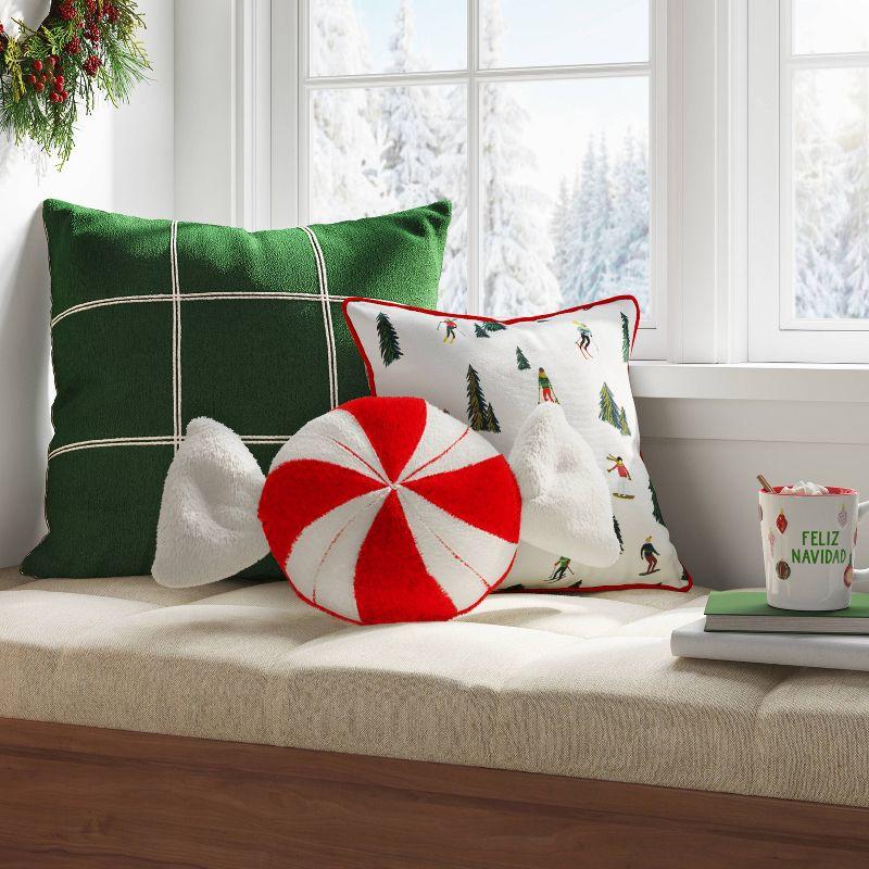 Red and White Peppermint Shaped Faux-Shearling Throw Pillow