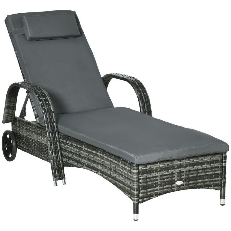 Gray Wicker Outdoor Chaise Lounge with Adjustable Backrest and Cushion