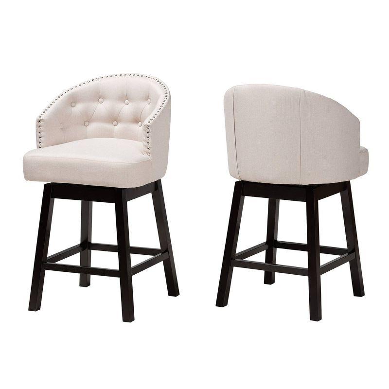 2pc Theron Fabric and Wood Swivel Counter Height Barstools Set Beige/Espresso Brown - Baxton Studio: Upholstered, Rubberwood Frame, Fixed Height