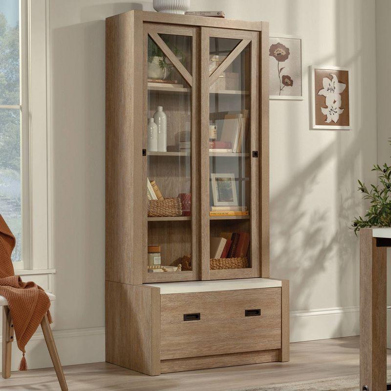 Pebbled White and Brushed Oak Adjustable Bookcase with Glass Doors