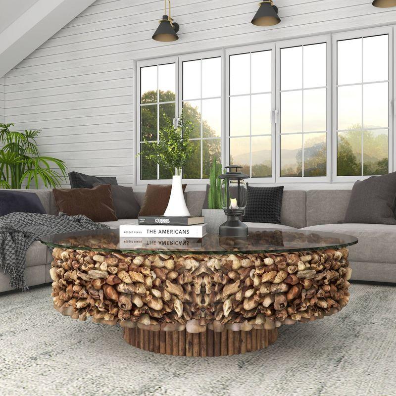 Rustic Driftwood Coffee Table Brown - Olivia & May: No Assembly, Glass Top, Wood Legs