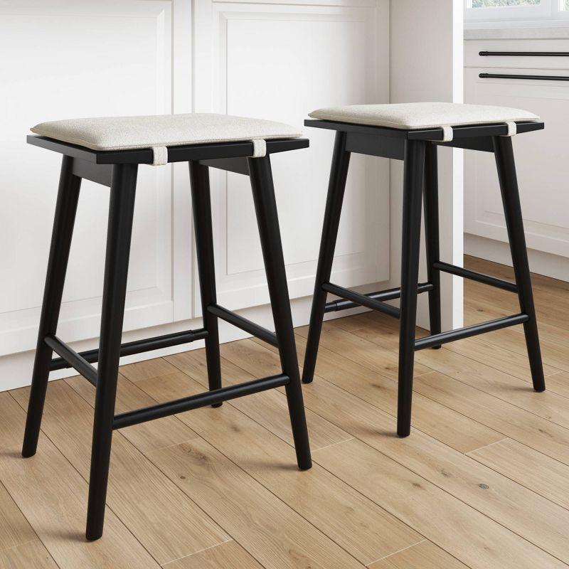 Nathan James Barker Wood and Boucle Counter Height Barstool Black: Linen Upholstered, 24.8" Tall