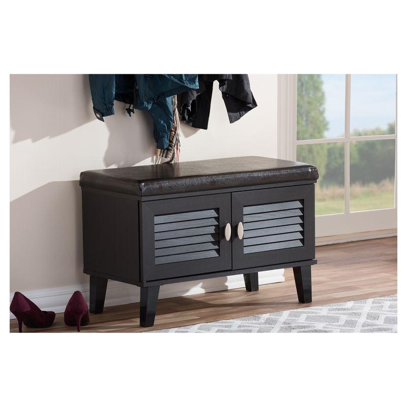 Sheffield Modern and Contemporary 2 - Door Wood Entryway Storage Cushioned Bench Shoe Rack Cabinet Organizer - Dark Brown - Baxton Studio