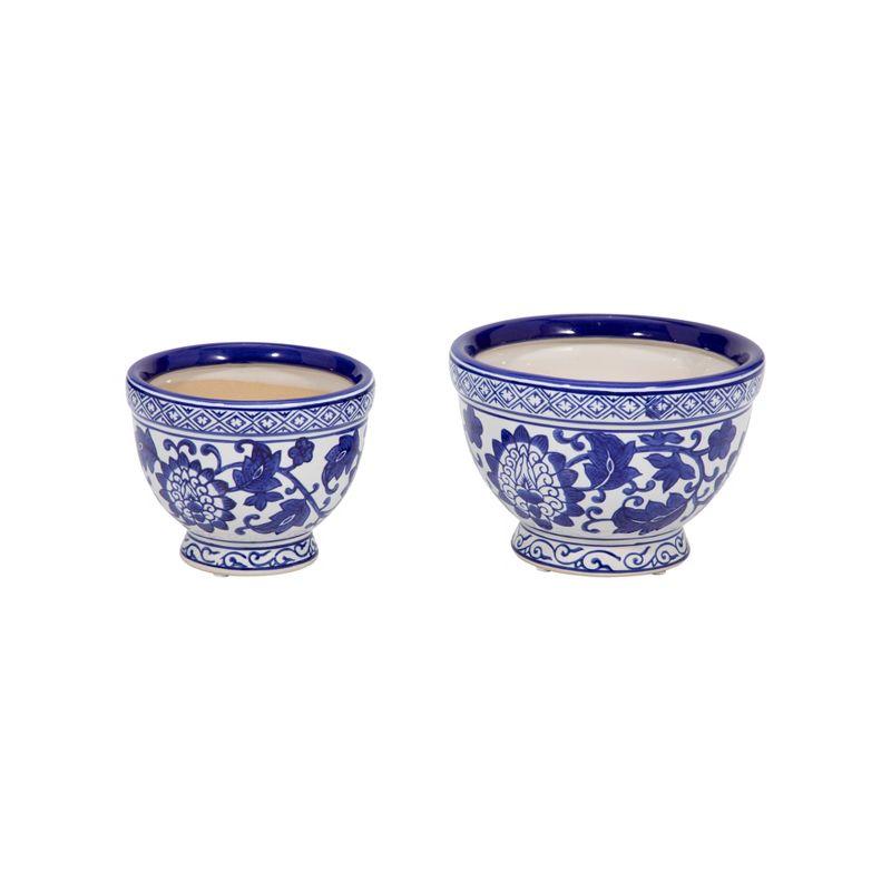 Sagebrook Home 2pc Bowl Chinoiserie Ceramic Indoor Outdoor Planter Pots Blue/White: Hand-Painted, Rust-Resistant