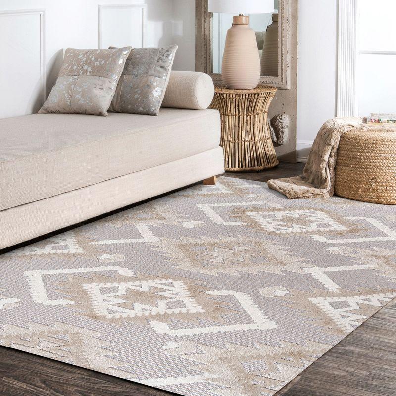 3'x5' Sumak High-Low Pile Neutral Diamond Kilim Indoor/Outdoor Area Rug, Beige/Gray - JONATHAN Y