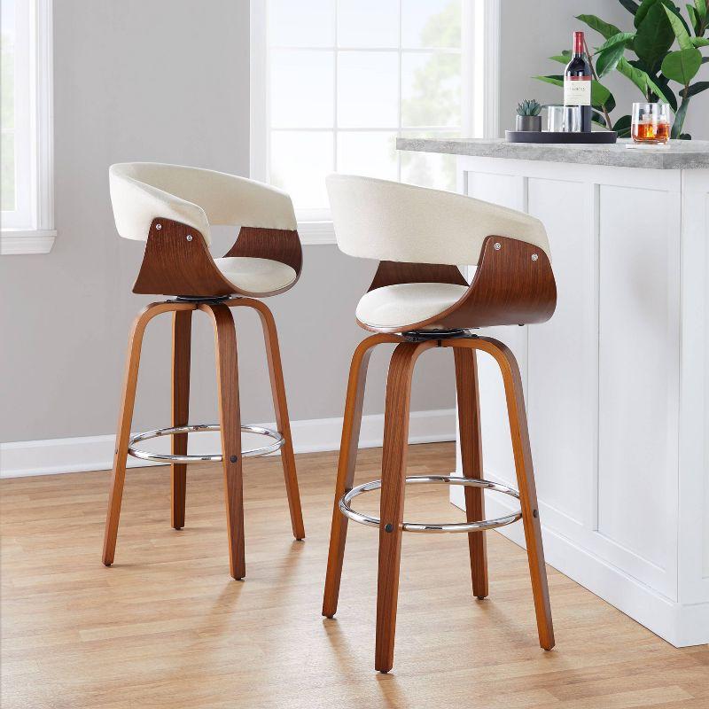 LumiSource Set of 2 Vintage Modern Barstools Walnut/Chrome/Cream: Upholstered Swivel Chairs with Footrest