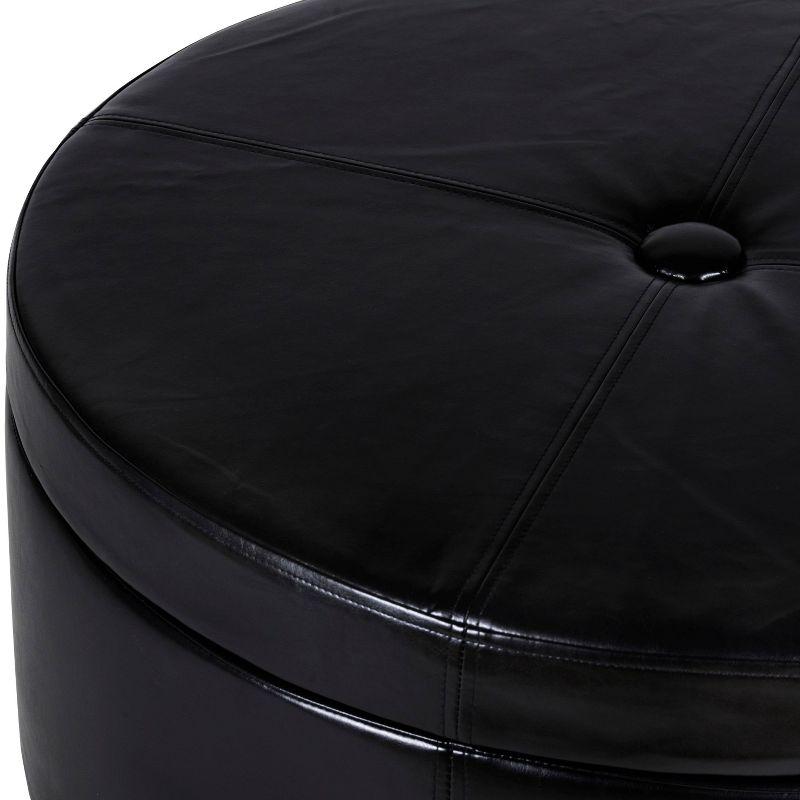 Winston Large Round Button Top Storage Ottoman Faux Leather Black - HomePop