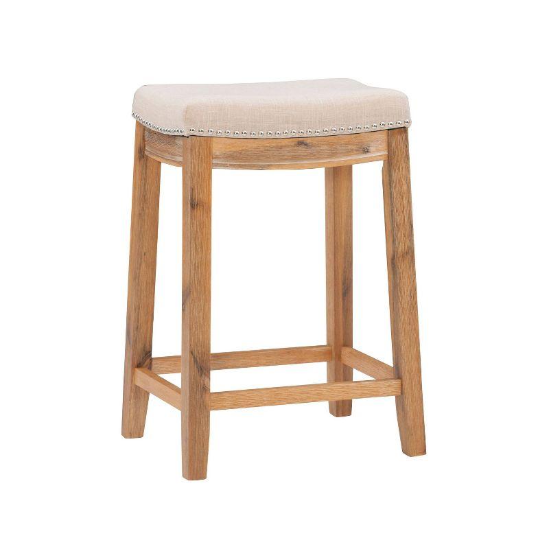 Claridge Backless Nailhead Saddle Acacia Counter Height Barstool Natural - Linon: Chic Beige Linen Seat, Rubberwood