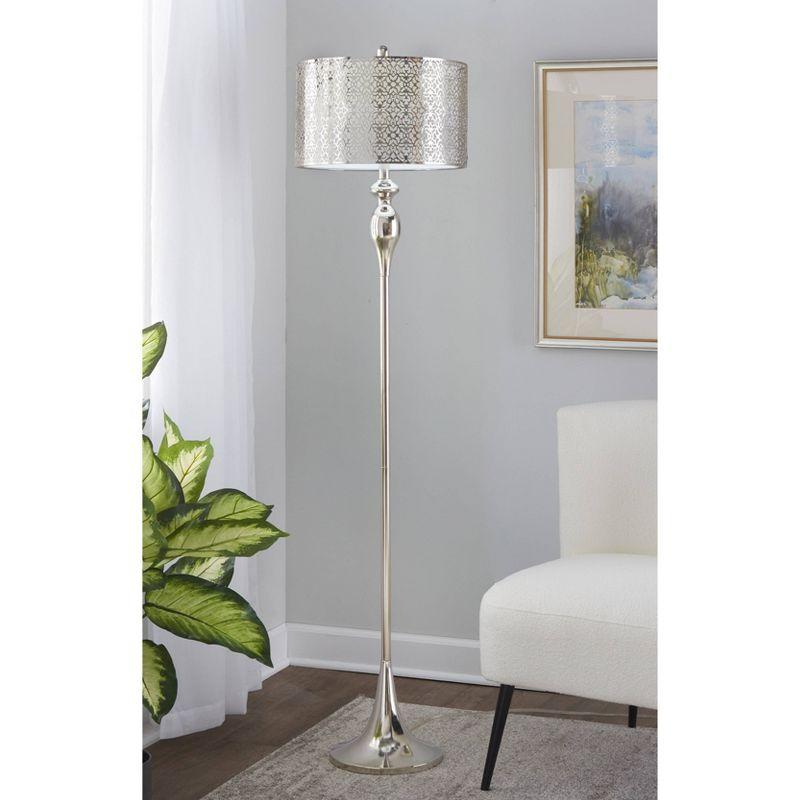 LumiSource Ashland 63" Floor Lamp: Polished Nickel, Laser Cut Metal, White Linen Shade