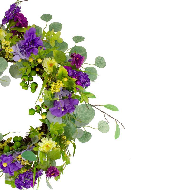 Eucalyptus and Hydrangea Floral Berry Spring Wreath Purple and Yellow 23"