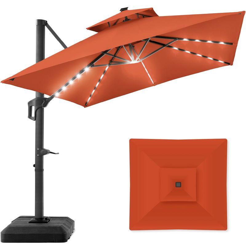Arlmont & Co. Ronessa 10x10ft 2-Tier Square Outdoor Solar LED Cantilever Patio Umbrella w/ Base Included