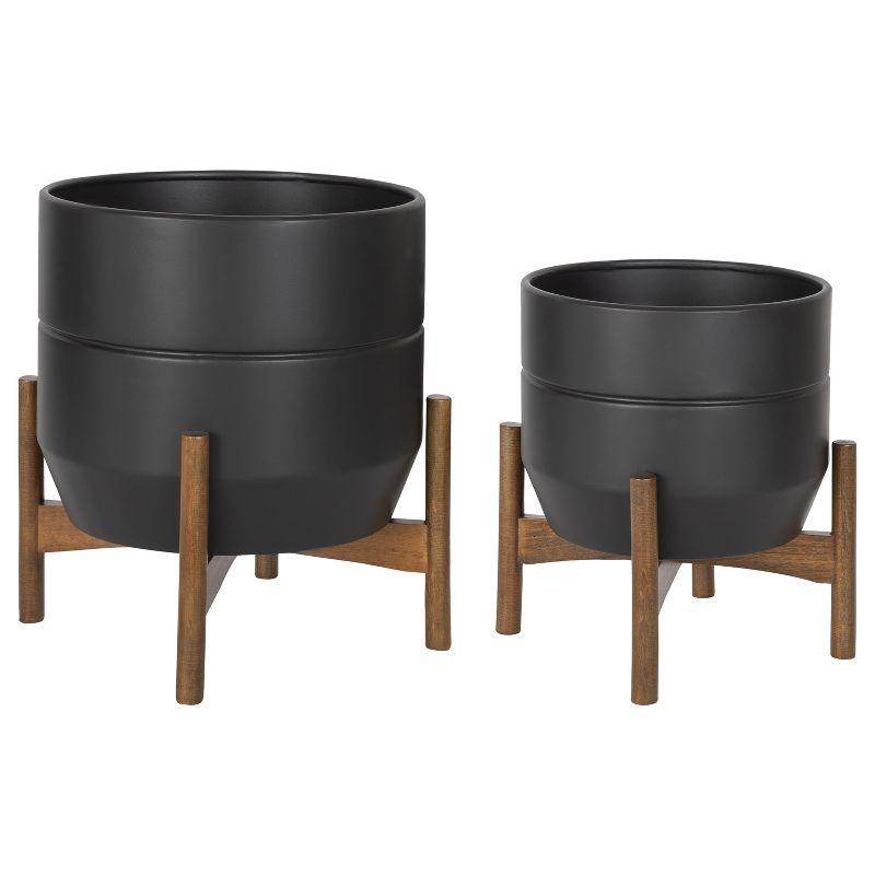 Dolbry Mid-Century Black and Walnut Freestanding Metal Planter Set