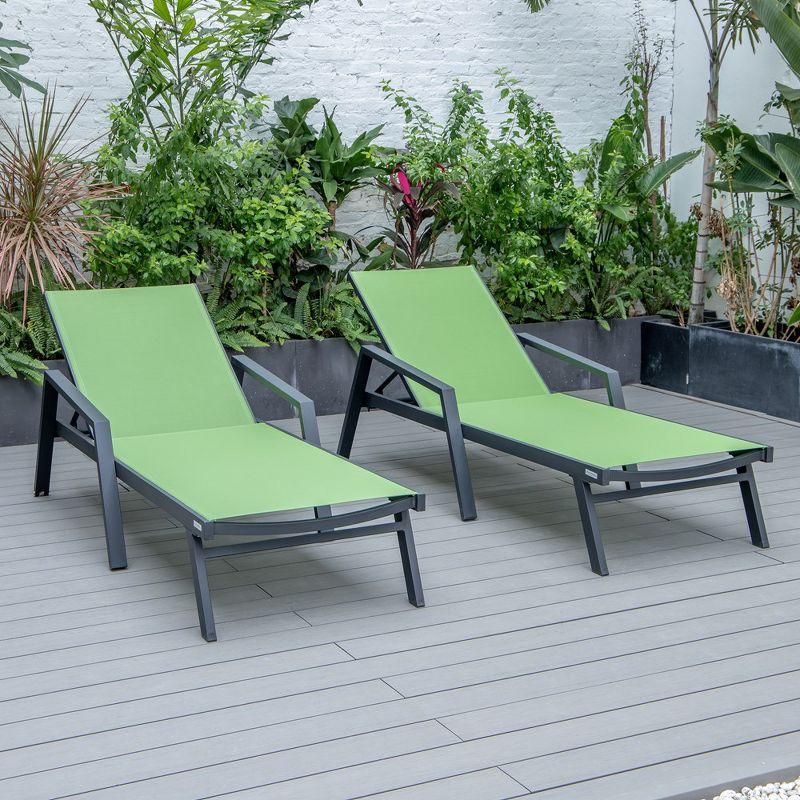 LeisureMod Marlin Patio Chaise Lounge Chair With Armrests in Black Aluminum Frame Set of 2 in Green