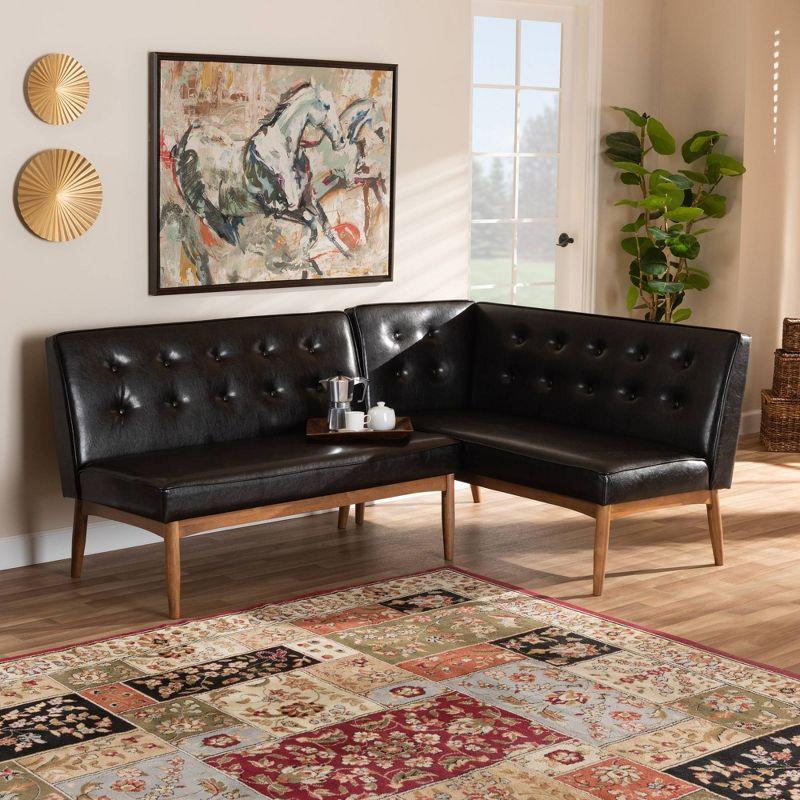 2pc Arvid Faux Leather Upholstered Wood Dining Corner Sofa Bench Dark Brown/Walnut - Baxton Studio: Kitchen Banquette Seating