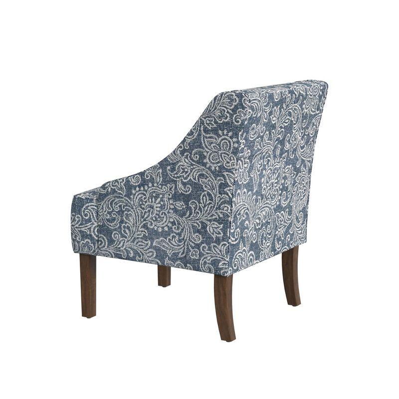 Blue Denim Jacobean Print Swoop Arm Accent Chair with Wood Legs