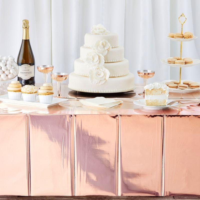 Sparkle and Bash 3 Pack Rose Gold Plastic Tablecloth, Metallic Table Cover Disposable for Pink Birthday Parties, Bridal Shower Decor, 54 x 108 In