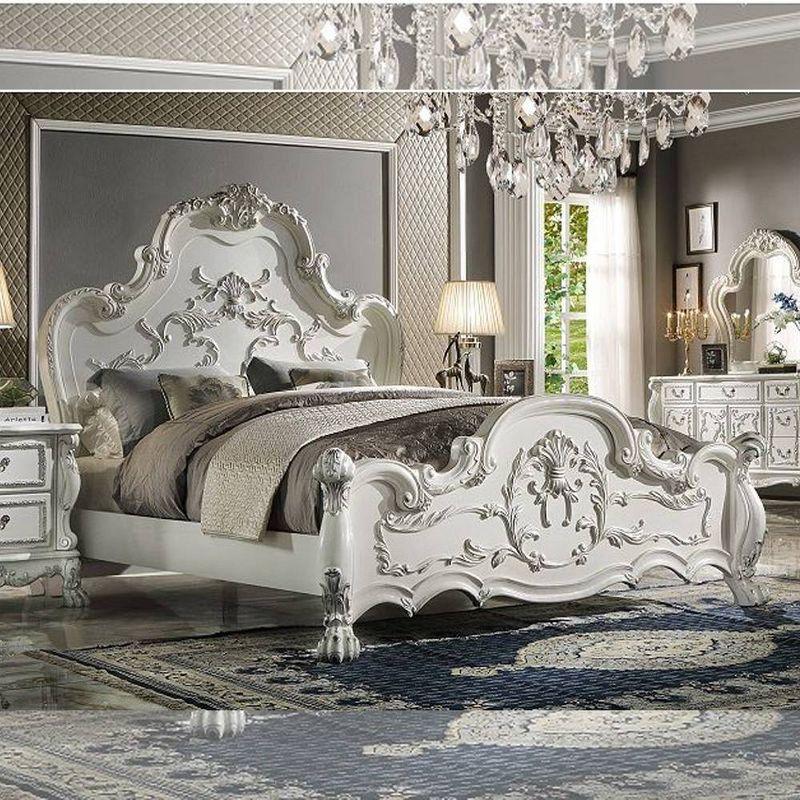 Dresden King Bed with Antique White Finish and Carvings