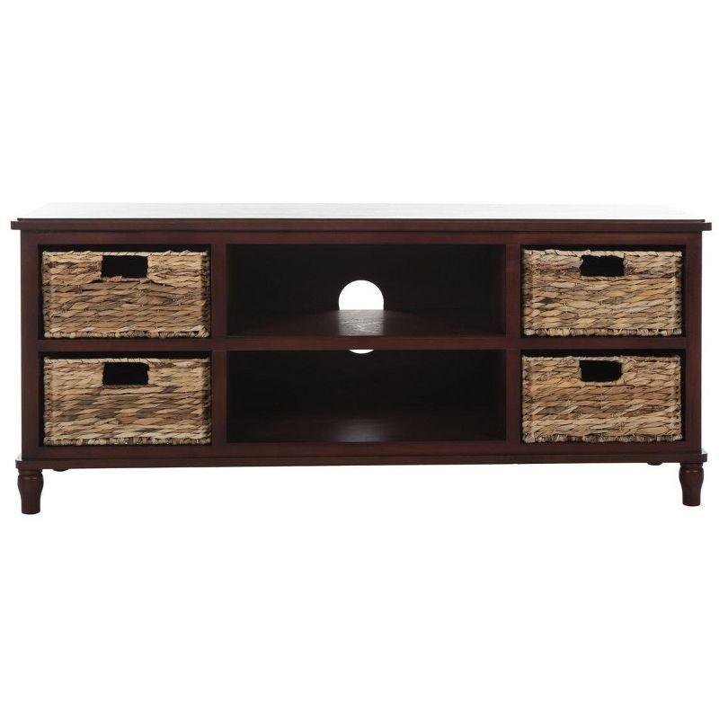 White Transitional Wood Entertainment Unit with Rattan Baskets