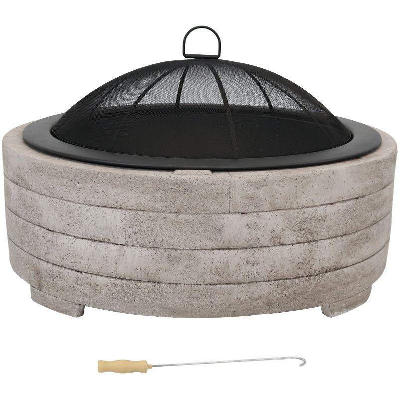 Sunnydaze Outdoor Large Round Faux Stone Fire Pit with Handles, Log Poker, and Spark Screen - 35" - Gray