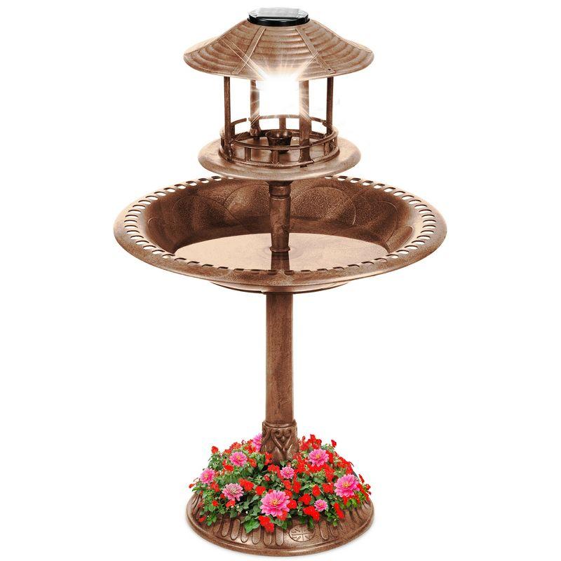 Bronze Solar-Powered Outdoor Bird Bath with Planter Base