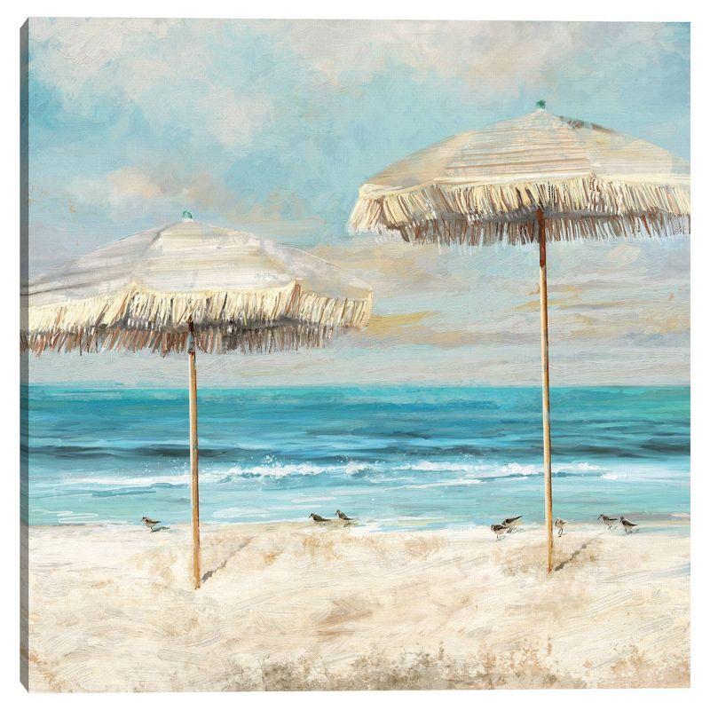 30" x 30" Coastal Beach Scene with Straw Umbrellas Canvas