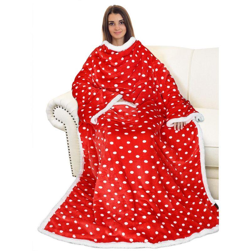 Red Polka Dot Sherpa Fleece Wearable Blanket with Sleeves