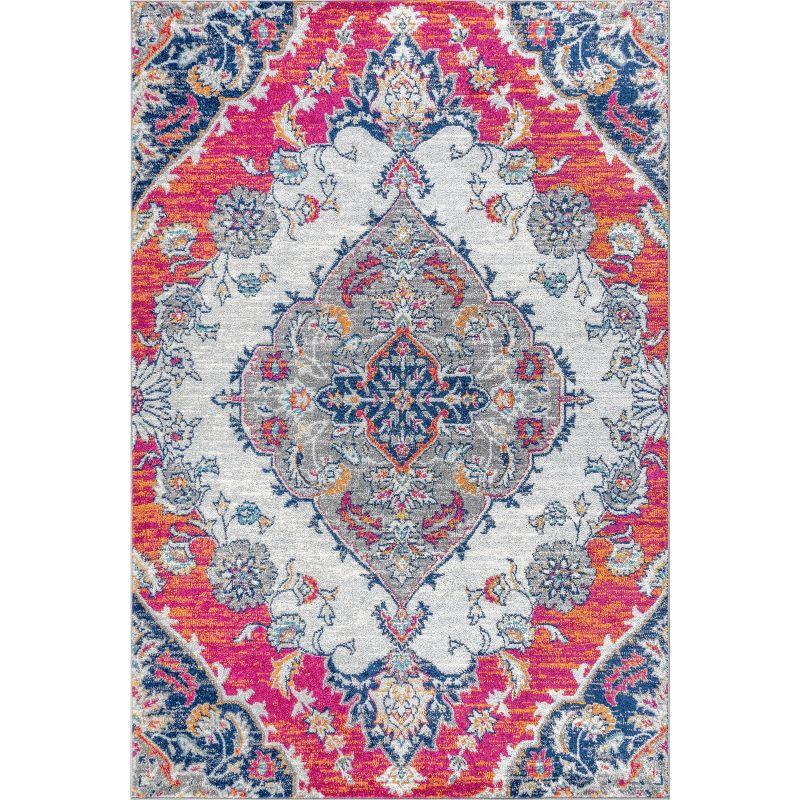 Reversible Medallion Blue and Coral 4' x 6' Synthetic Area Rug