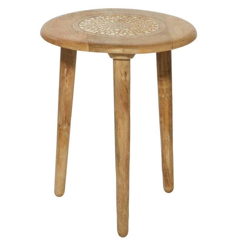 Intricately Carved Mango Wood Round Accent Table - Brown, 22"x17"