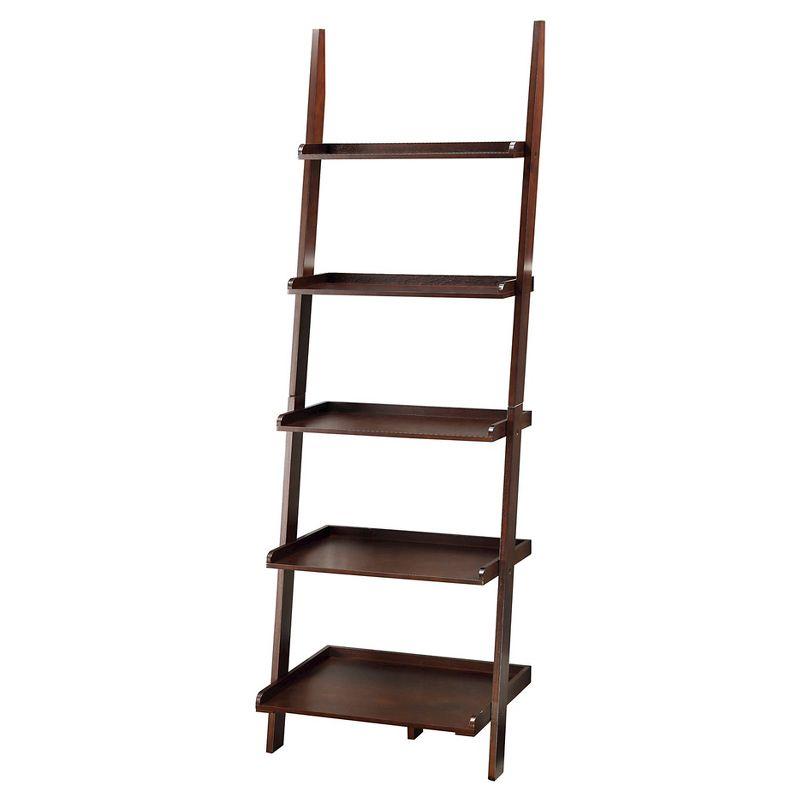 Espresso 72" Wooden Ladder Bookshelf with 5 Shelves