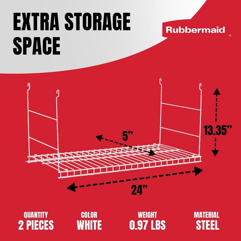 Rubbermaid Universal Closet Custom Wire Hanging Storage Shelf Durable Steel Clothes Rack Accessory Attachment, 24 Inch Long, 2 Pack, White