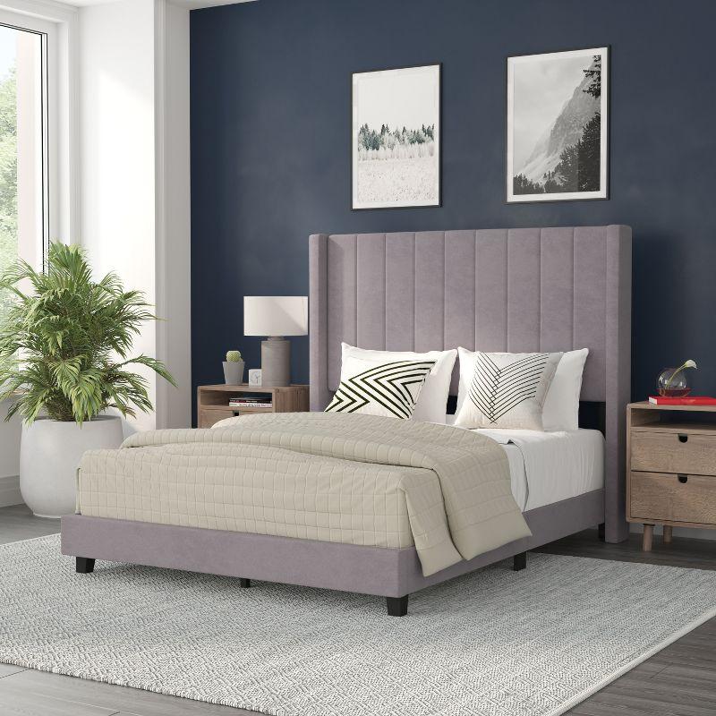 Modern Gray Velvet Upholstered Full Platform Bed with Wingback Headboard