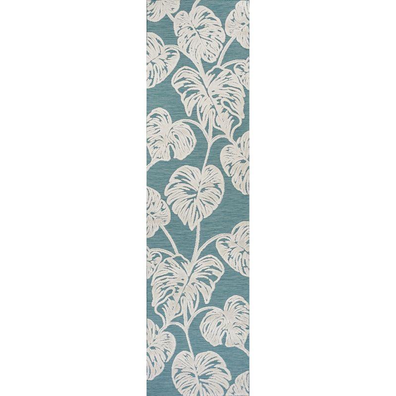 Tropical Monstera Leaf Blue/Ivory Reversible Indoor/Outdoor Rug