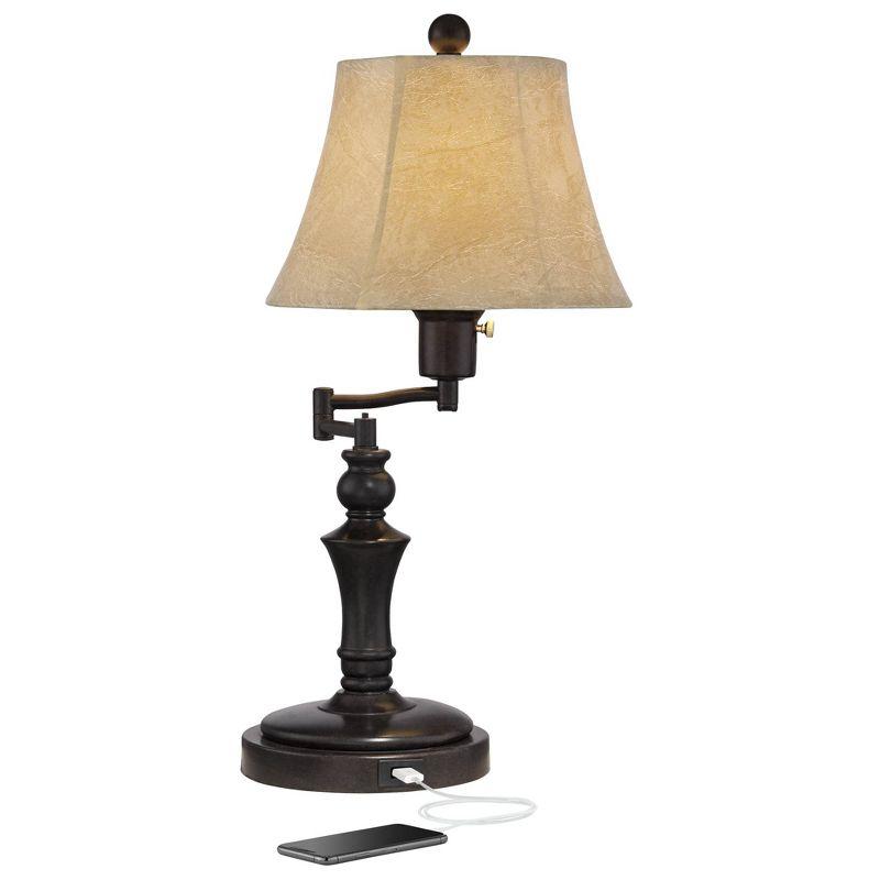 Bronze Metal Swing Arm Desk Lamp with Faux Leather Shade and USB Port