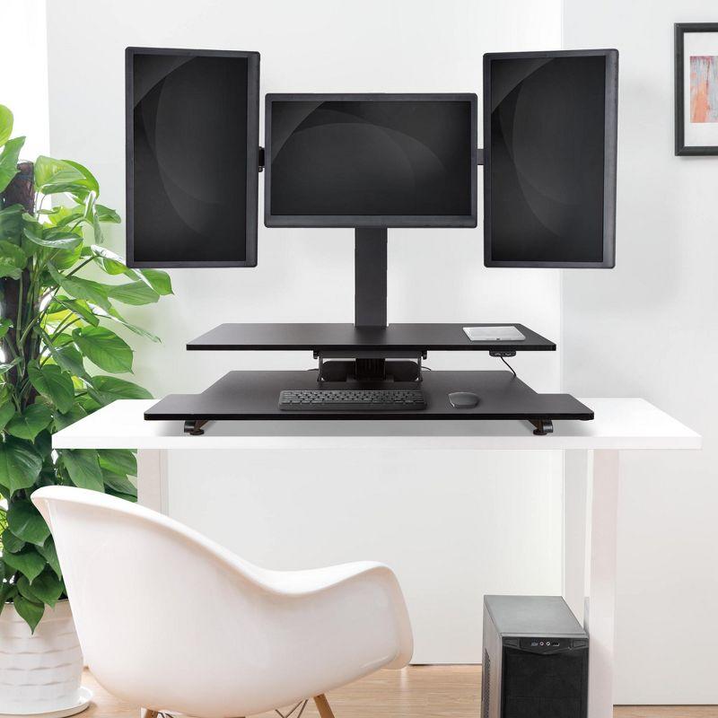 Techtonic Electric 3 Arm Monitor Mount Standing Desk - Sit to Stand Desk Converter with Keyboard Tray – Black – Stand Steady