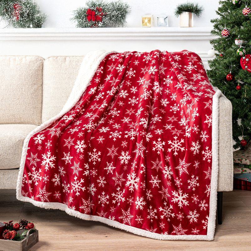 PAVILIA Soft Fleece Blanket Throw for Couch, Lightweight Plush Warm Blankets for Bed Sofa with Jacquard Pattern, Snowflake Red/Throw - 50x60