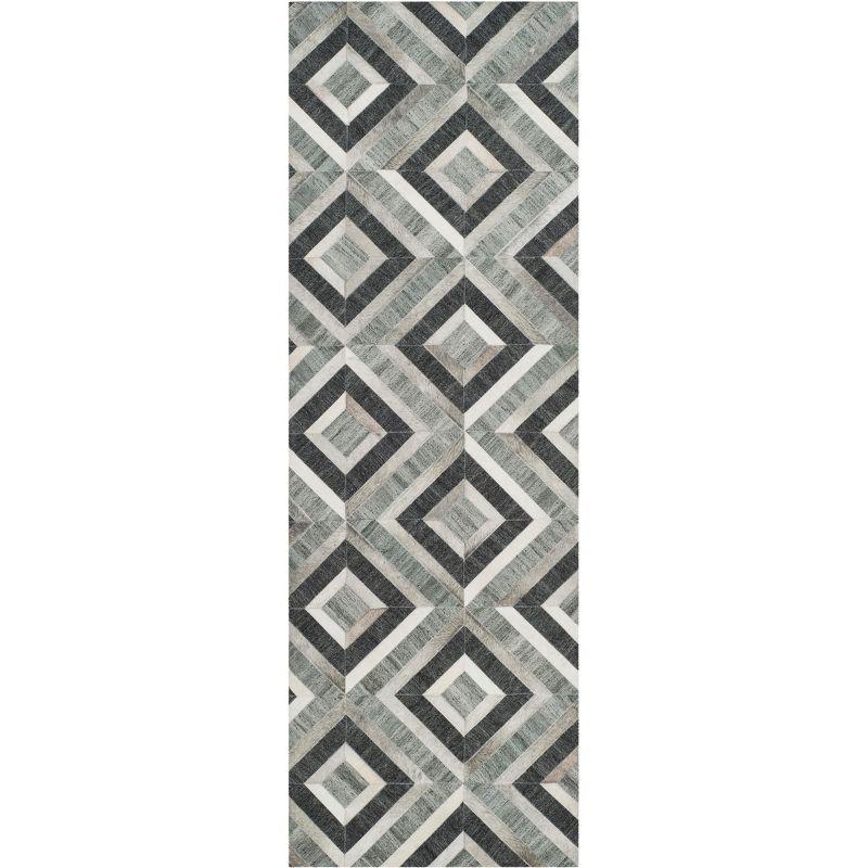 Ivory and Dark Grey Geometric Cowhide Runner Rug