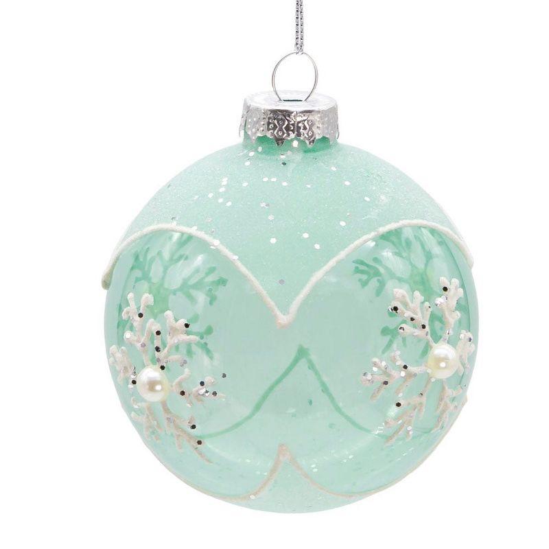 Teal Glass Snowflake Sequin Christmas Ball Ornament Set of 6