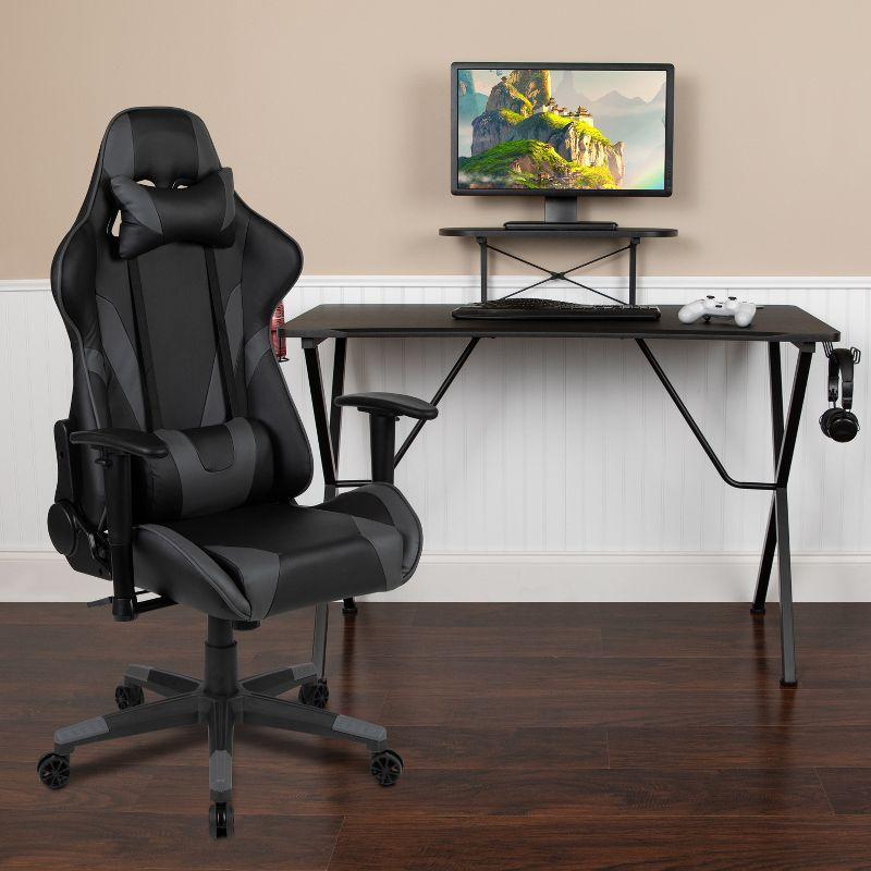 Adjustable Gray Wood Gaming Desk & Chair Set with Cup Holder and Headphone Hook